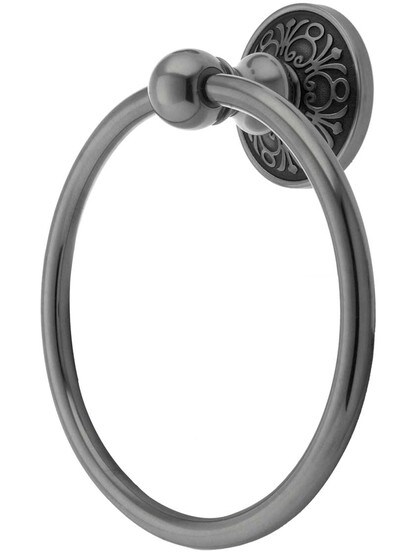 Brass Towel Ring with Lancaster Rosette in Antique Pewter.